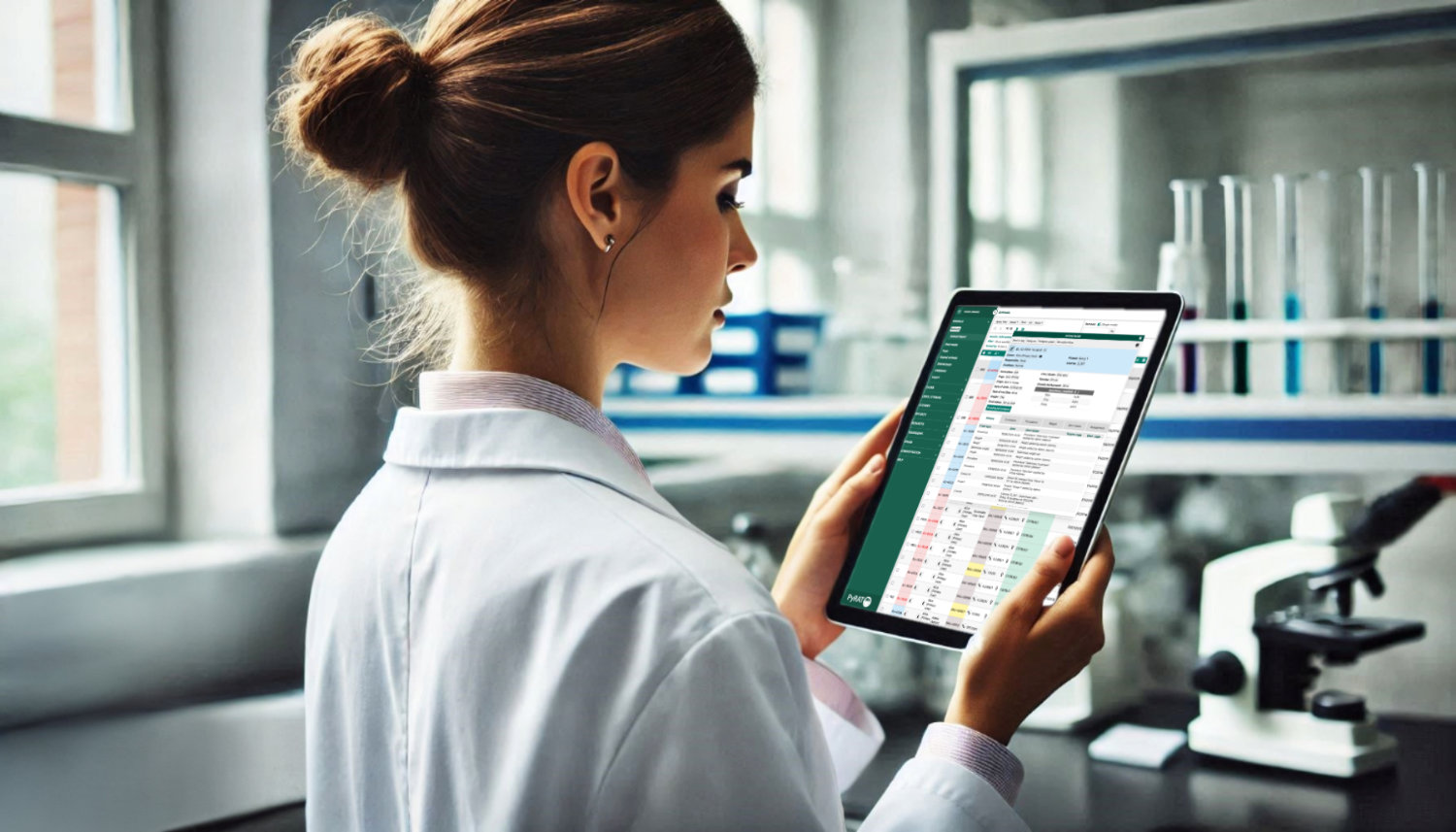 A scientist using the PyRAT application on a tablet to manage and analyze animal facility data.